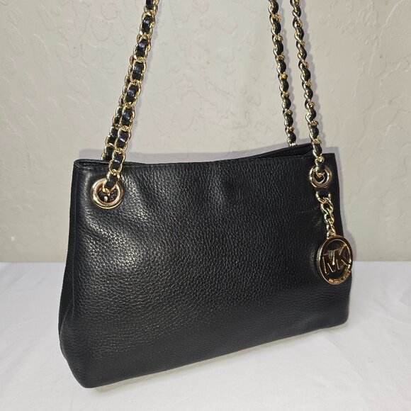 Michael Kors Jet Set Gold Chain Black Pebble Grain Leather Medium Shoulder Bag - Picture 6 of 13